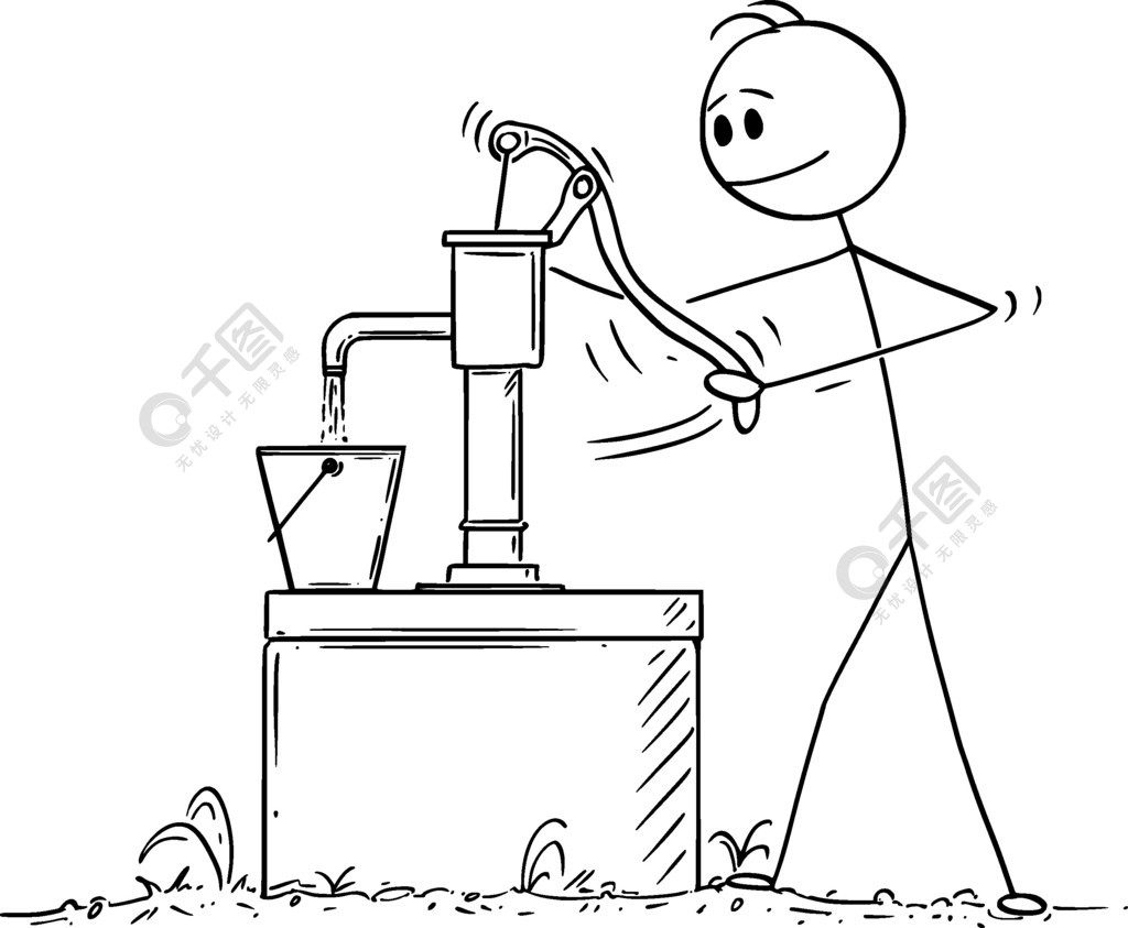 人或农民从井中抽水或抽水的矢量卡通画概念插图人或农民从井中抽水或