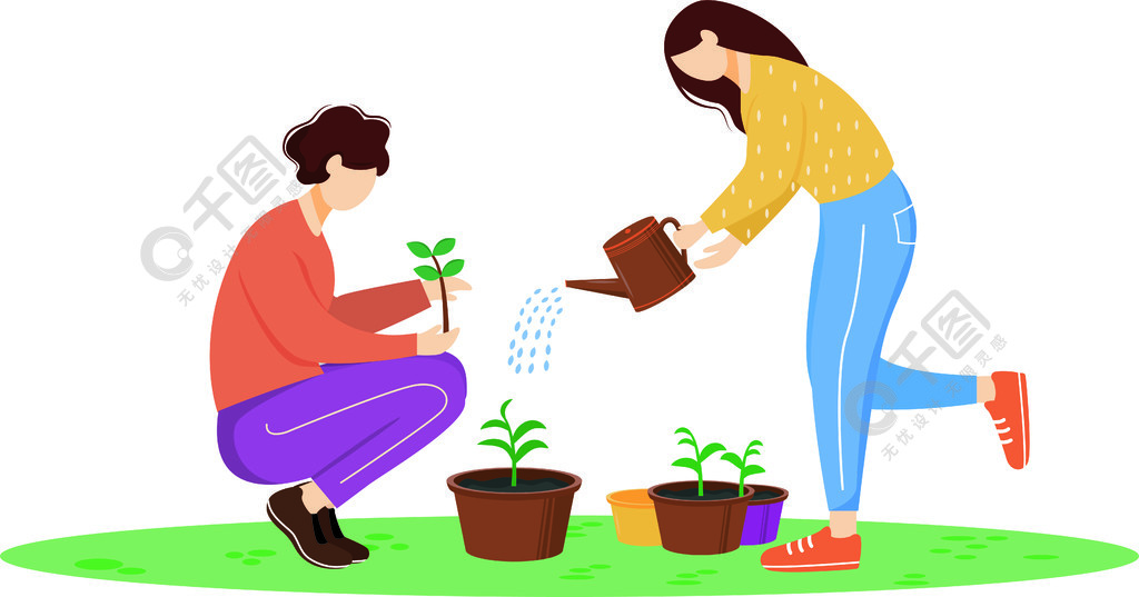 孤立了卡通人物夫妇一起浇灌室内植物园艺概念人们种植植物平面矢量图