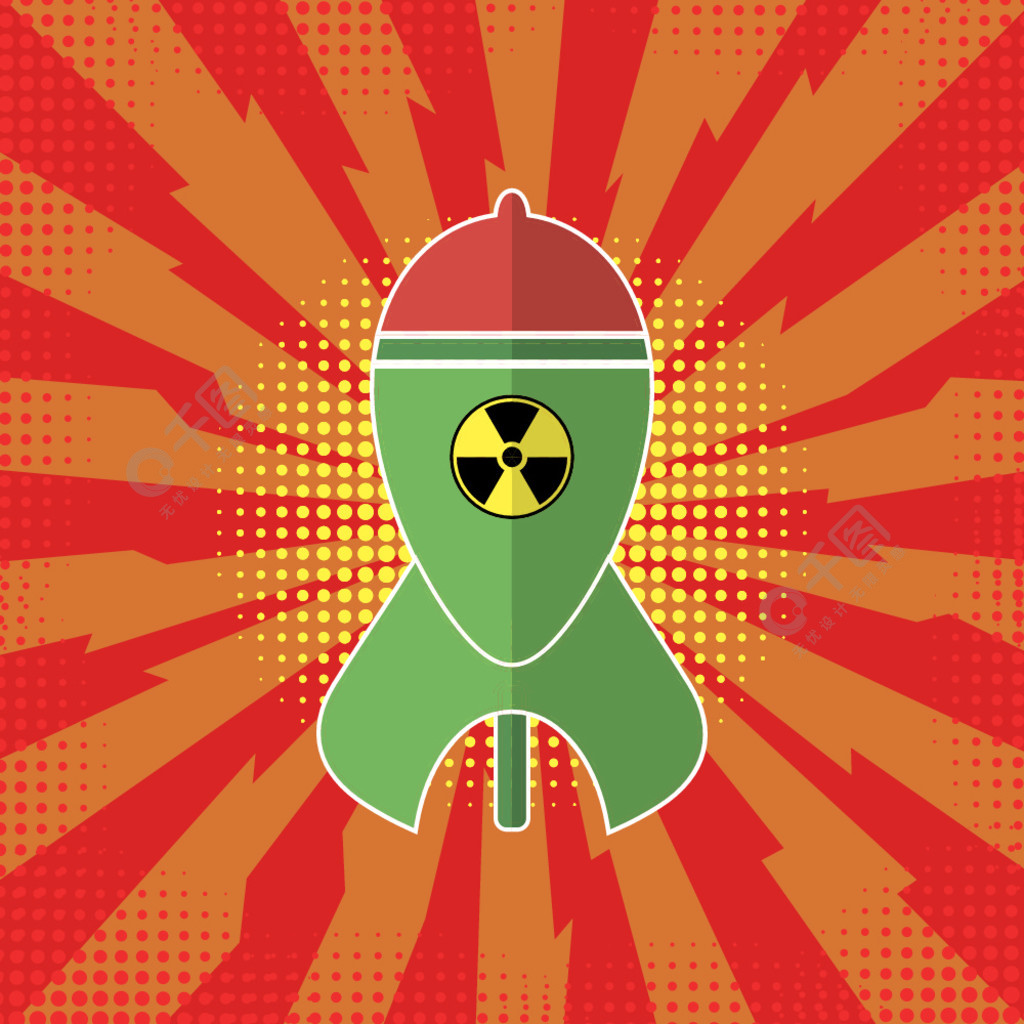 红色背景上有辐射标志的绿色原子弹核火箭武器图标爆炸闪光卡通爆炸