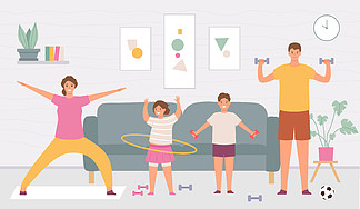 在家运动家庭。父母和孩<i>子</i>在<i>房</i><i>子</i>内部锻炼。活跃成人和儿童病媒概念的室内健康生活方式。父亲带着哑铃，女儿带着呼啦圈。在家运动家庭。父母和孩<i>子</i>在<i>房</i><i>子</i>内部锻炼。活跃成人和儿童病媒概念的室内健康生活方式