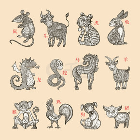 矢量星座动物 中国的生肖十二生肖集手绘插图,卡通风格
