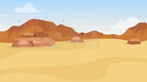 沙丘平面矢量图。沙漠探险。全景埃及风景。阿拉伯荒野。非洲土地。草稿环境。柏拉图观点。山丘。荒地卡通背景