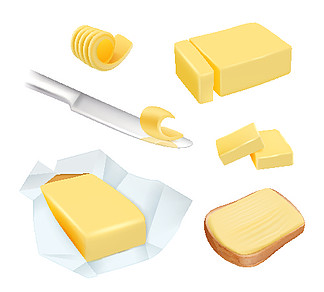 黄油。卡路里产品人造黄油或牛奶黄油块乳制品早餐食品矢量图片。天然人造黄油或黄油产品的插图，食品牛奶的成分。黄油。卡路里产品人造黄油或牛奶黄油块乳制品早餐食品矢量图