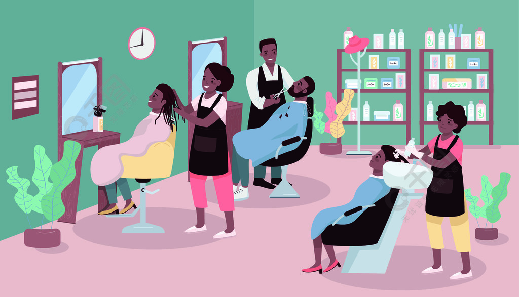 美容院平面彩色矢量图男女理发服务美容院与非洲裔美国美发师2d卡通