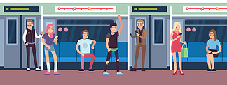 地铁里的人。具有女性、男性角色的城市地下公共交通，大都市公共交通地铁车厢。矢量多<i>样</i>性拥挤管概念。地铁里的人。具有女性、男性角色的城市地下公共交通，大都市公共交通地铁车厢。向量概念