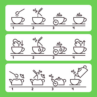 泡茶指导。用袋子准备绿色或黑色热饮。饮料制备指南或教程。用锅和水壶用开水矢量图煮茶的步骤。泡茶指导。用袋子准备绿色或黑色热饮。饮料准备指南