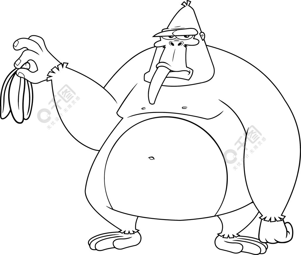 概述脾气暴躁的大猩猩卡通人物拿着一根香蕉在白色背景上隔离的矢量图