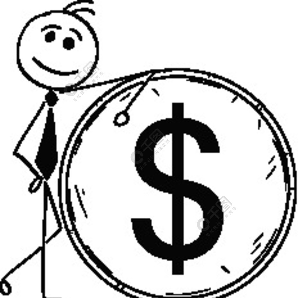 卡通棒人插图微笑着靠在大美元硬币上的商人商人