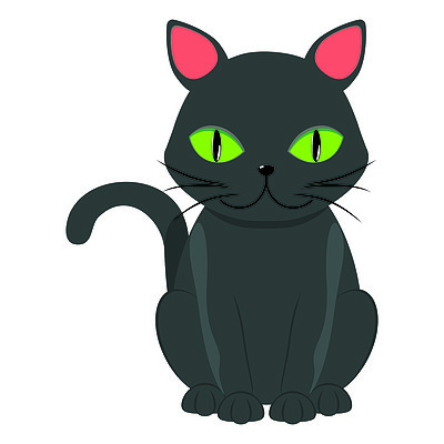 可爱的卡通黑猫,绿色的大眼睛在白色背景