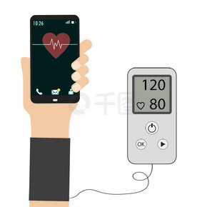 高血压概念，测量血压。手中的智能手机。孤立在白色背景上，股票矢量图。高血压概念，测量血压。智能 pho