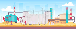 城市平面彩色矢量图附近的石油钻井平台。工业炼油厂 2D 卡通景观，背景为城市景观。用于燃烧化石燃料提取的陆上制造设施