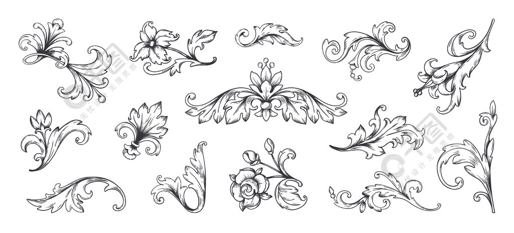 巴洛克装饰.复古花卉边框元素,雕刻叶子和框架花丝蔓藤花纹.