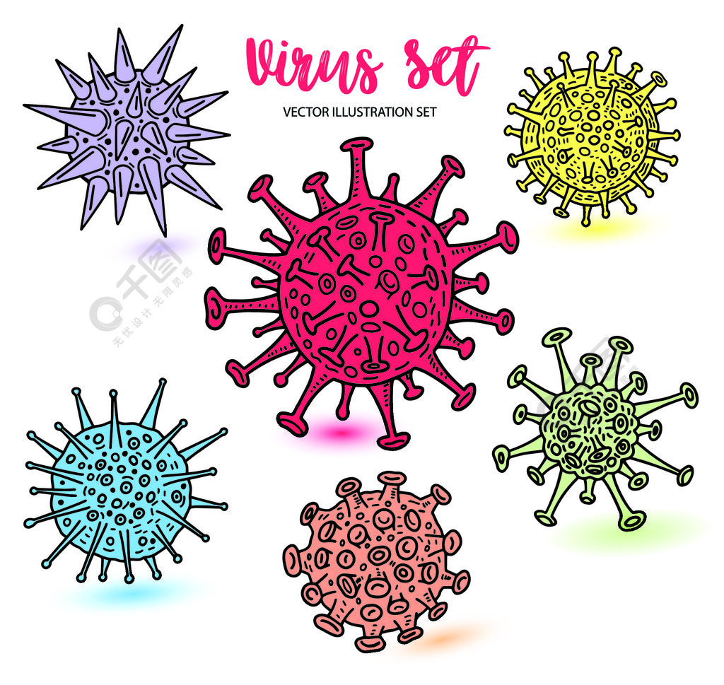 不同种类的颜色病毒,素描收藏手绘插图呼吸道病毒感染新冠病毒