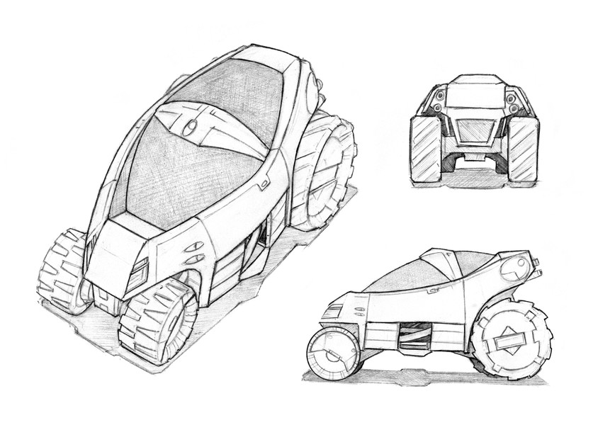 小型未来派或科幻汽车越野车设计的黑白铅笔概念艺术 i