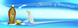 带有神圣家庭的网页横幅耶稣诞生场景 — 耶稣 — 玛丽 — <i>约</i><i>瑟</i>夫 — 发短信给圣诞快乐 — 优雅的蓝色背景