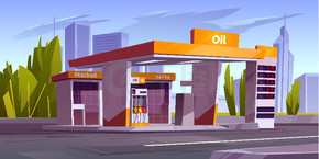 有油泵、市场和价格显示的加油站。矢量卡通城市景观与城镇道路上的汽车空加油站。补充汽油、柴油或汽油的现代服务。带油泵的加油站和城市市场