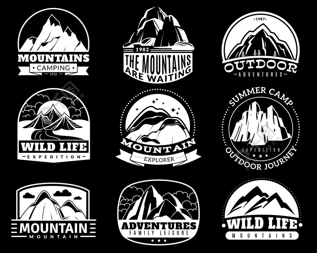 登山营地和探险旅游,远足探险复古标签复古矢量标志,徽章单色隔离黑白