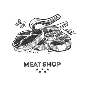 肉制品、新鲜牛排和排骨手绘矢量图。牛排猪肉、烧烤牛排、牛腩和培根。肉制品、新鲜牛排和排骨手绘矢量图