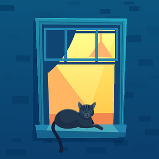 猫躺在灯火通明的城市<i>公</i><i>寓</i>里，晚上打开窗户。黑猫角色在窗台上休息，带有抽象的内饰和窗帘，晚景卡通矢量插图。猫躺在灯火通明的城市<i>公</i><i>寓</i>里，晚上打开窗户。在窗台上休息的黑猫角色