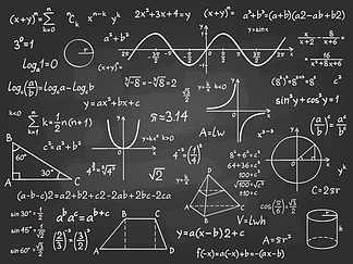 数学公式。学校黑板上的数学微积分。代数和几何科学粉笔图案矢量教育理念。科学分析，数字计算，<i>复</i><i>杂</i>的知识。数学公式。学校黑板上的数学微积分。代数和几何科学粉笔图案矢量教育理念