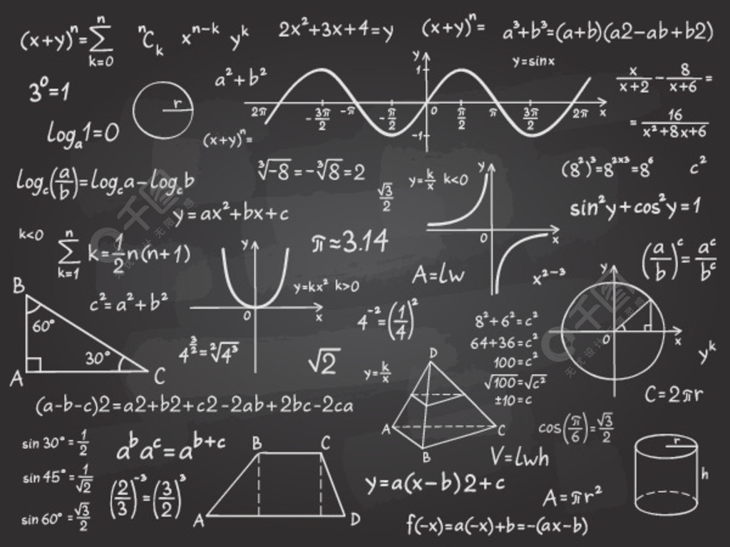 数学公式。学校黑板上的数学微积分。代数和几何科学粉笔图案矢量教育理念。科学分析，数字计算，复杂的知识。数学公式。学校黑板上的数学微积分。代数和几何科学粉笔图案矢量教育理念