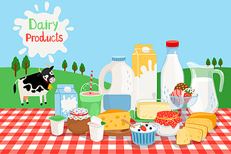牛奶农产品矢量图。自然绿地乡村景观与奶牛和乳制品工业食品、有机农场生产和农村草甸。奶农产品