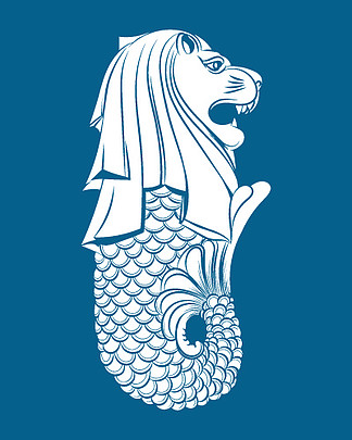 鱼尾狮雕像。新加坡地标雕<i>塑</i>符号在蓝色背景矢量图上被隔离。在蓝色的鱼尾狮雕像