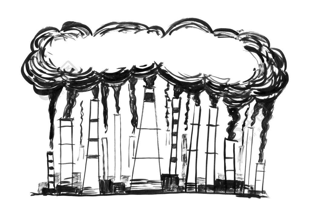 画笔和墨水艺术粗略手绘空气污染的环境概念黑色墨水垃圾手绘吸烟烟囱