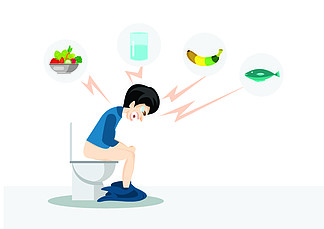 男人坐在厕所便<i>秘</i>上，图标鱼、水、蔬菜和香蕉的概念。