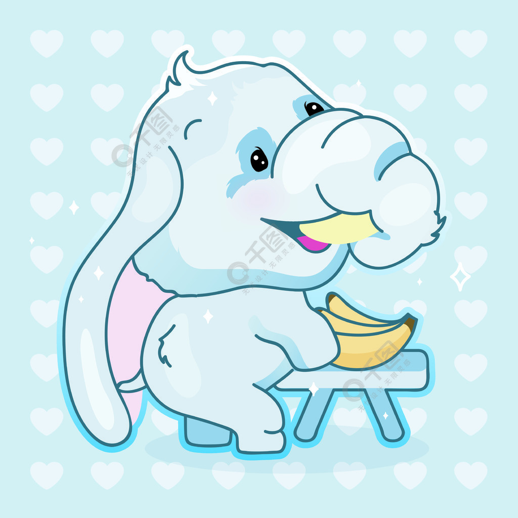 有趣快乐的动物吃香蕉隔离贴纸贴片蓝色背景上的动漫男婴大象表情符号