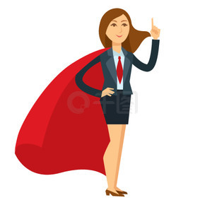 穿着大红色斗篷的英勇强壮姿势的女超人。现代女性穿着办公室西装，打着领带和超级英雄服装元素，白色背景上孤立的卡通平面矢量图。 穿着大红色斗篷的英雄姿势的女超人