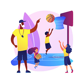 篮球营访客。积极休息，球类训练，健康的生活方式。男孩练习在篮子里扔球。才<i>华</i>横溢的青少年体育中心。矢量孤立概念隐喻图解。篮球训练营矢量概念隐喻