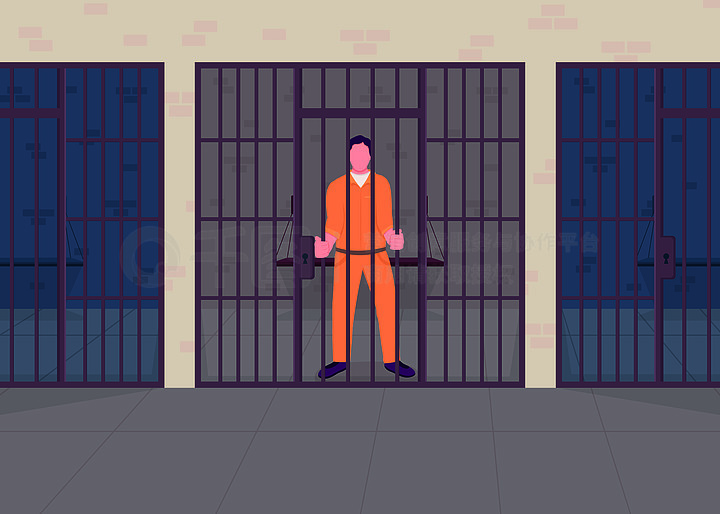嫌疑人拘留有罪的囚犯 2d 卡通人物,背景为监狱牢房
