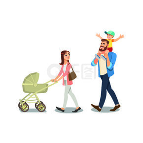 快乐的千禧一代父母和他们的小孩一起散步，带着婴儿车漫步，花时间在一起孤立在白色背景上的卡通矢量插图。家庭漫步概念