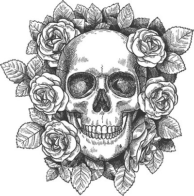 头骨与鲜花用玫瑰,传统的哥特式黑色纹身素描人类头骨