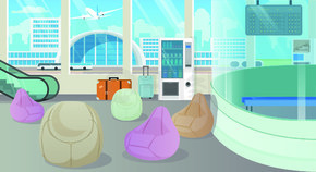 带软椅、自动售货机和按摩舱卡通载体的机场休闲区。机场候机室或休息室，航空公司飞行后放松的地方，机场景点和服务
