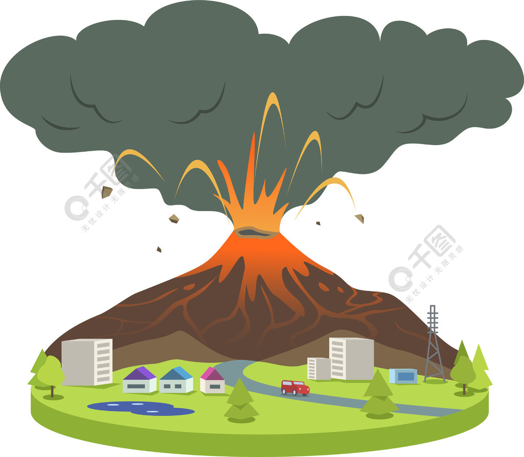 小城市卡通矢量图中的火山喷发火山活动喷出熔岩和烟雾的活火山灾难