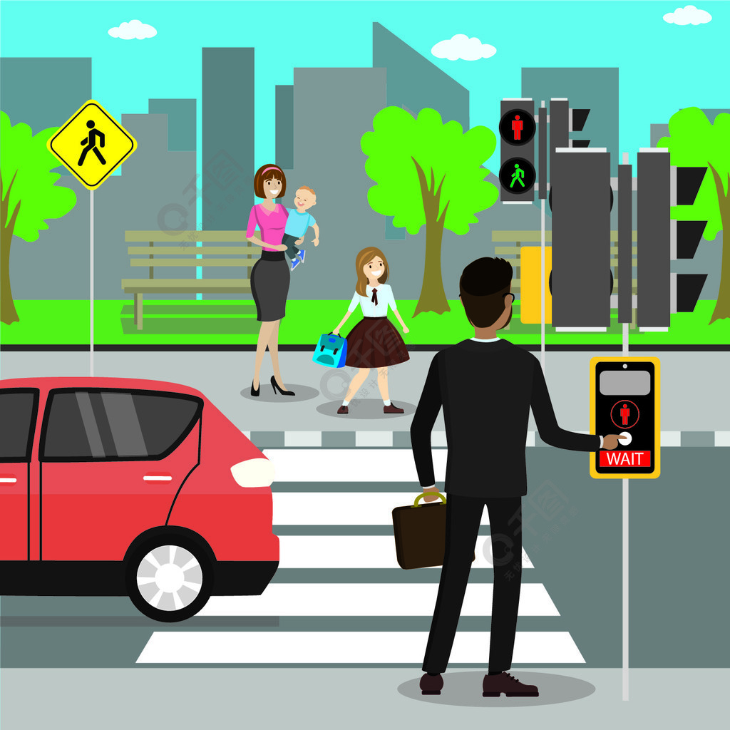 人行横道上的各种市民红绿灯和汽车在路上背景上的城市景观平面矢量图