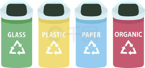 分类垃圾桶卡通矢量图。用于玻璃、纸张、塑料和有机平面彩色物体的城市垃圾箱。废物分离，白色背景上隔离的分离容器