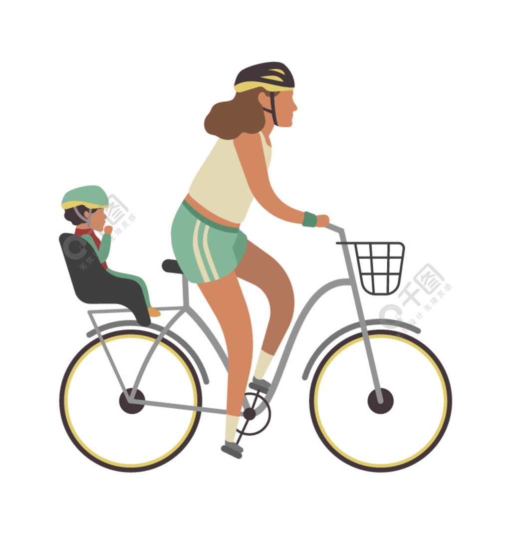 妇女和儿童骑自行车年轻快乐的母亲带着婴儿骑矢量家庭旅行活动
