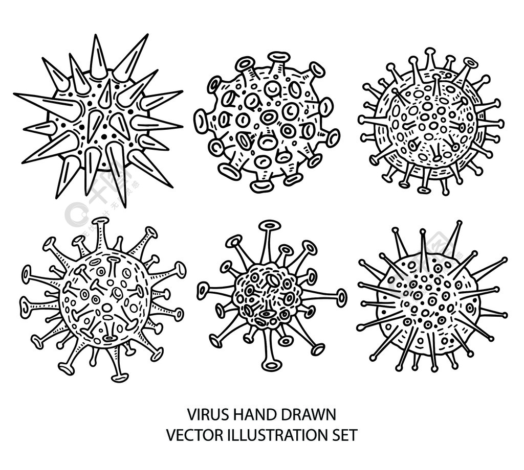 不同种类的病毒素描收藏手绘插图复古雕刻风格不同种类的病毒素描收藏