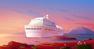 日落时在海洋中的游轮。夏季豪华游轮上的假期。热带景观的矢量卡通画与港口和粉红色的傍晚天空中的客船。在游轮的夏天豪华假期在日落