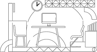 公司 CEO 个人办公室大纲矢量图。现代联合办公空间室内设计轮廓构成白色背景。带家具的会议室简约风格图