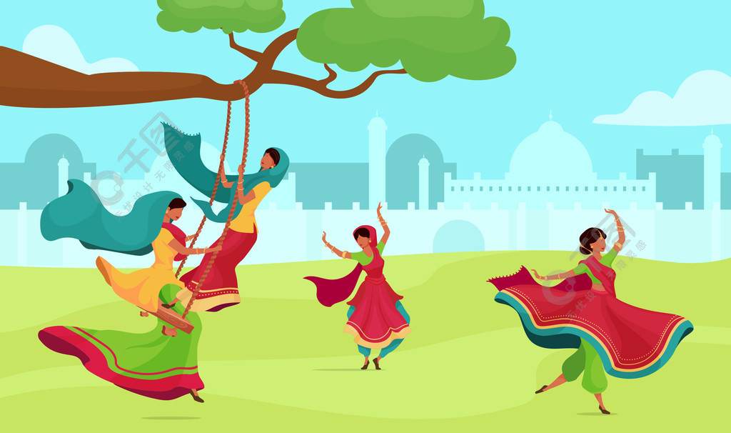 宗教仪式穿着莎丽服的女性在秋千上印度教仪式印度女性2d卡通人物背景