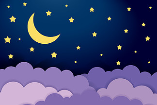 夜空的可爱宝贝插图。半月、星星和云彩在黑<i>暗</i>的背景。夜景矢量。夜空的可爱宝贝插图。半月、星星和云彩在黑<i>暗</i>的背景。夜景矢量