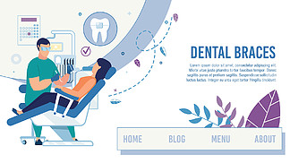 提供牙科诊所医疗<i>保</i><i>健</i><i>服</i><i>务</i>的登陆页面。卡通牙医为女性客户设置牙套。牙科牙齿护理。口腔科。信息网页。矢量平面插画。提供牙科<i>保</i><i>健</i><i>服</i><i>务</i>的登陆页面