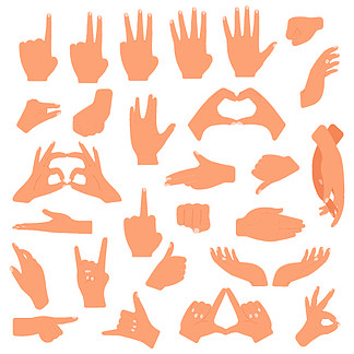 打手势。交流手势、指向、数手指、ok 手势、手掌手势语言矢量插图集。手势信号表达、指向和握手。打手势。沟通手势、指向、数手指、ok 符号、手掌手势语言矢量图集