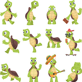 卡通海龟。快乐有趣的动物运行乌龟矢量集合。乌龟友好、乌龟活跃和精力充沛的插图。卡通海龟。<i>跑</i>龟矢量集合的快乐有趣的动物