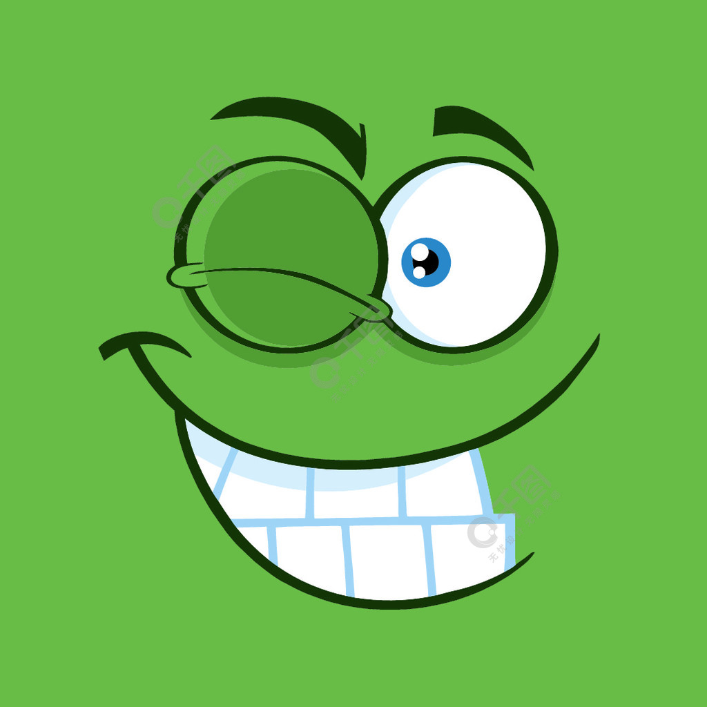 微笑的表情眨眼卡通滑稽的脸插图与绿色背景