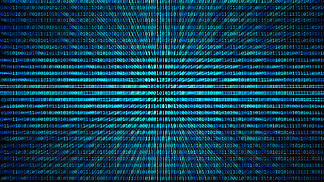 黑色背景下数字数据技术概念中计算机上的 01 或二进制代<i>码</i>数字图案纹理。黑客屏幕显示。 3d 插图